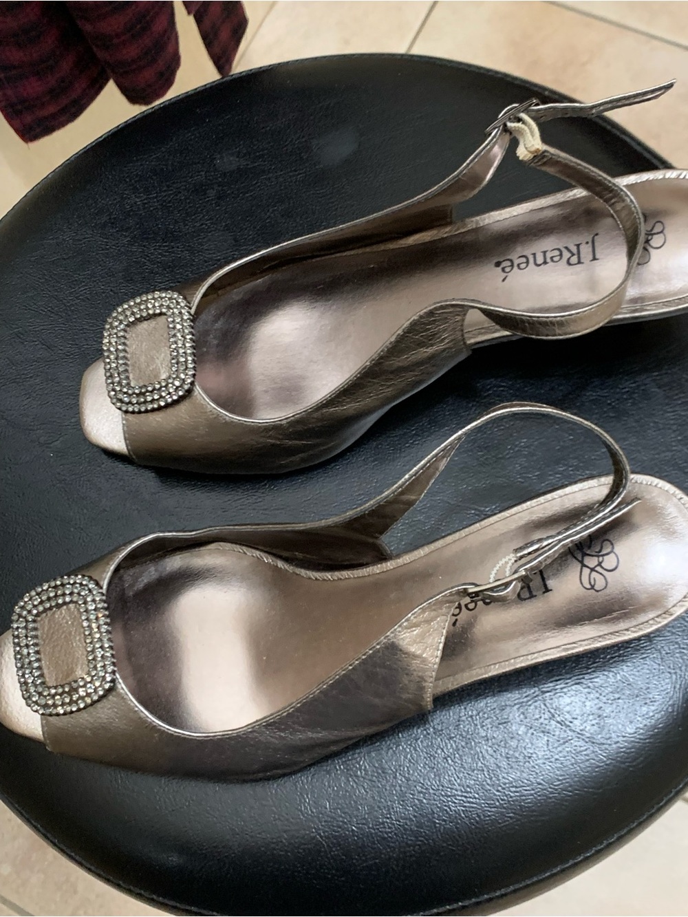 J.Renee Metallic Bronze Peep-Toe Slingback Heels with Rhinestone Buckle